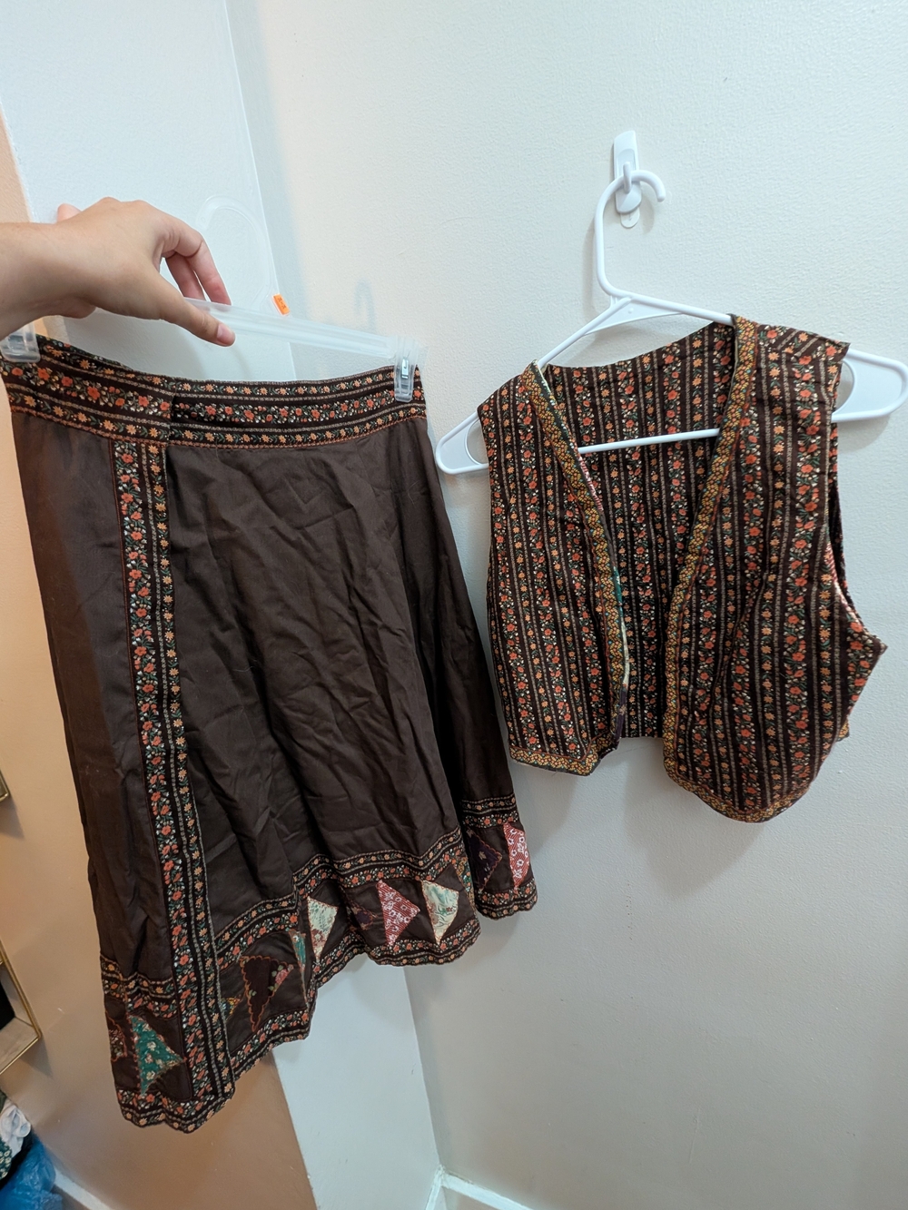 70s Vintage & Handmade Floral Skirt & Matching Vest in Brown & Black